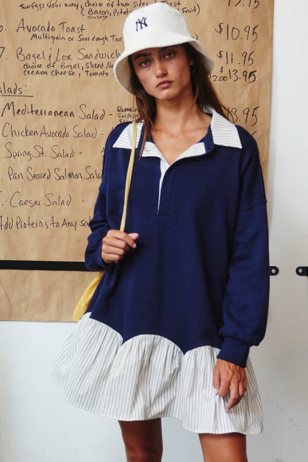 Collared Mini T-shirt Dress in Pinstripe Navy