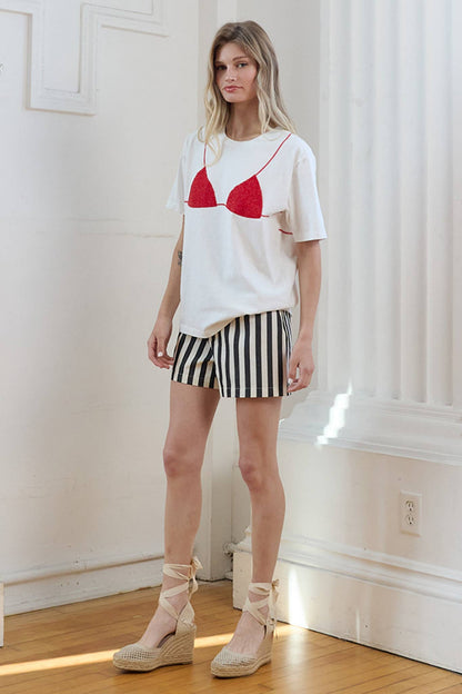 Caviar Print Bikini Graphic Tee: WHITE/RED