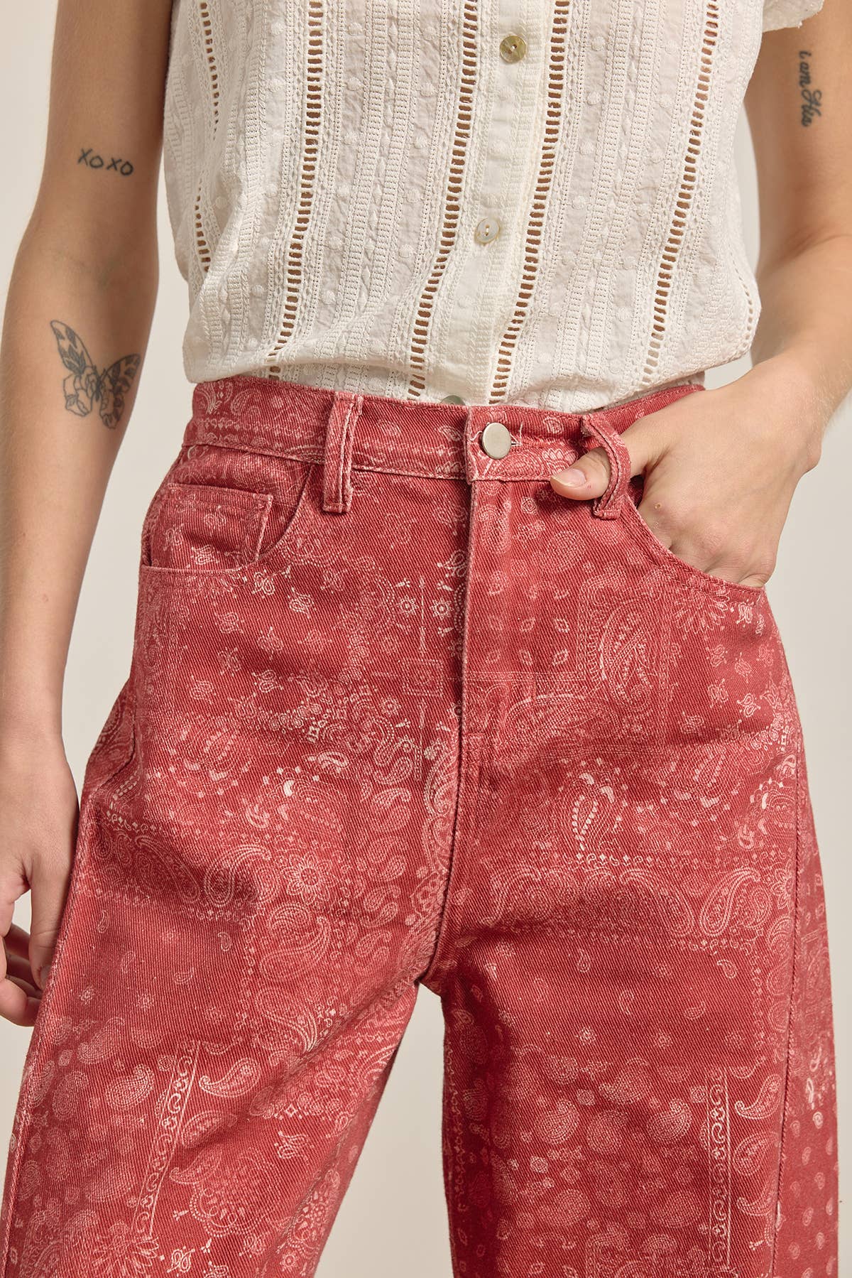 Washed Bandana Print Wide Leg Pants: BANDANA RED