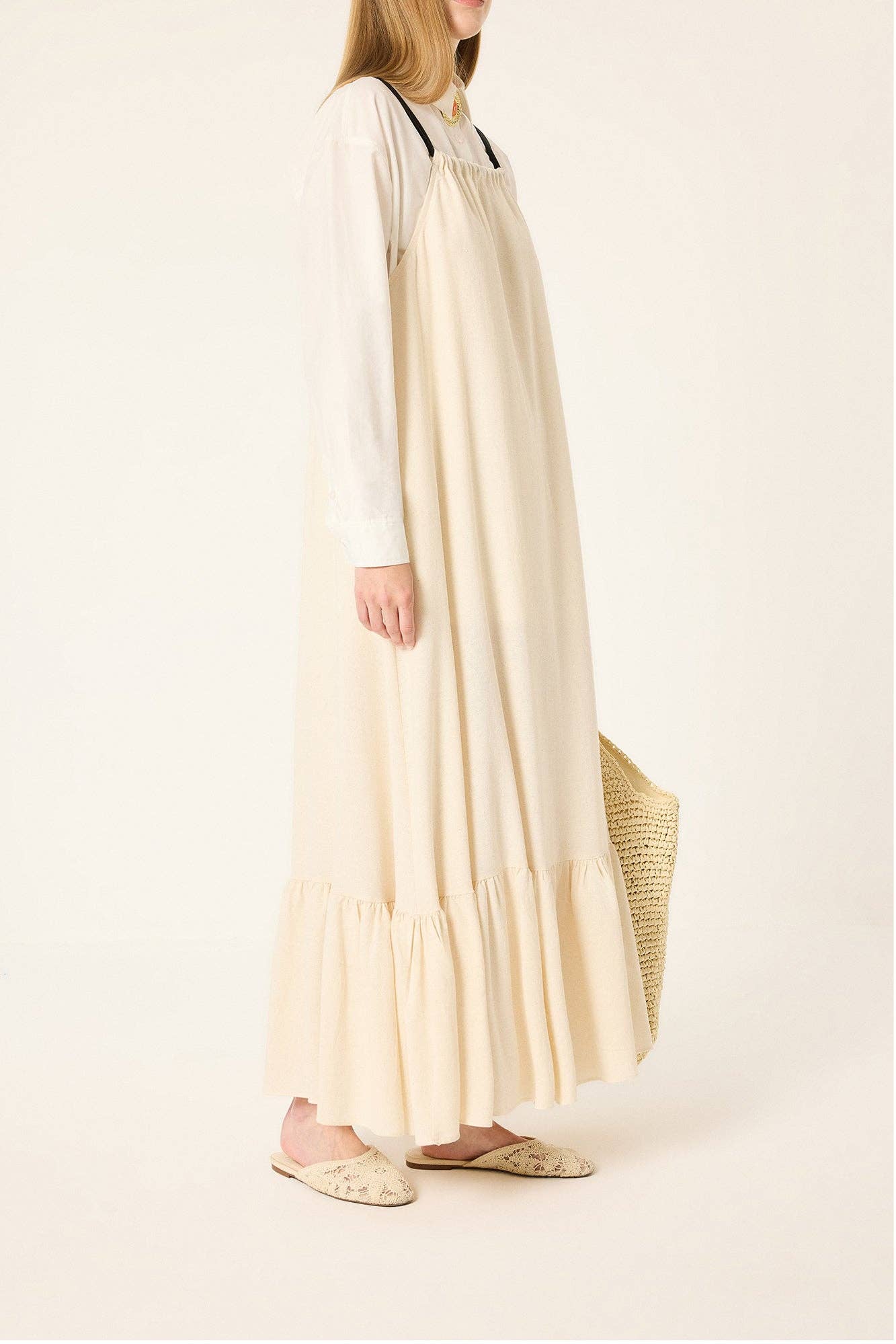 Elouise: Tie-Neck Relaxed Maxi Dress: Beige