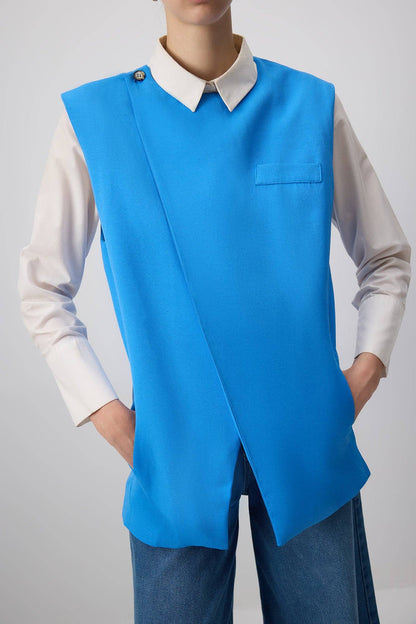 Tailored Linen Blend Vest – Structured Sleeveless Blazer Top: Blue