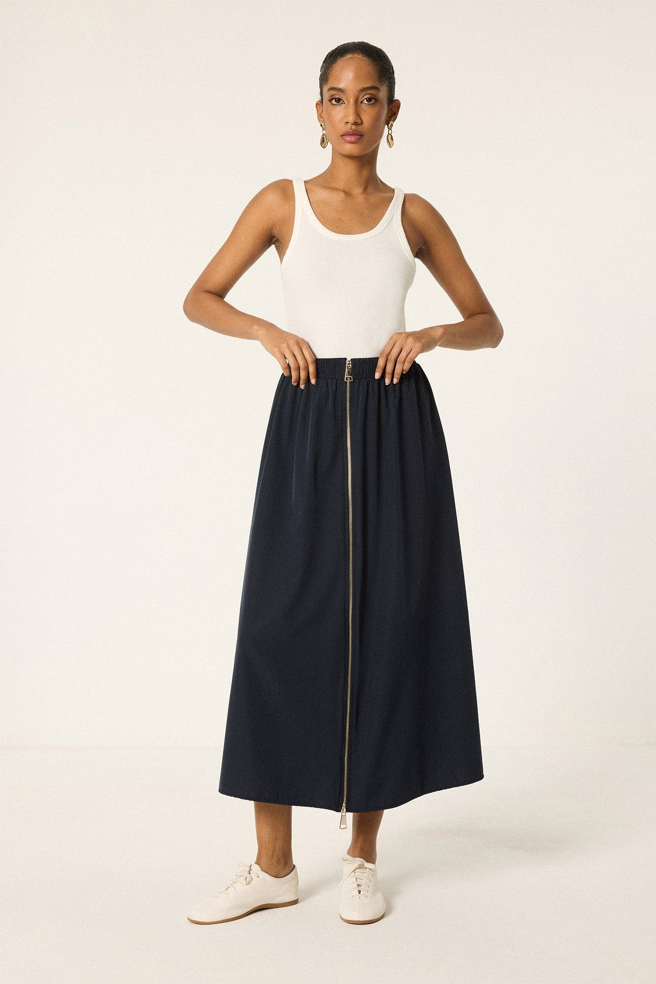 Front Zip Maxi Skirt – Elastic Waist A-Line Skirt: Navy Blue