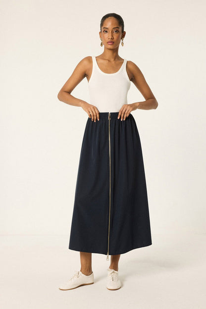 Front Zip Maxi Skirt – Elastic Waist A-Line Skirt: Navy Blue
