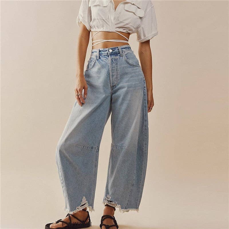 High-Waisted Wide-Leg Jeans With Frayed Hem: BLUE