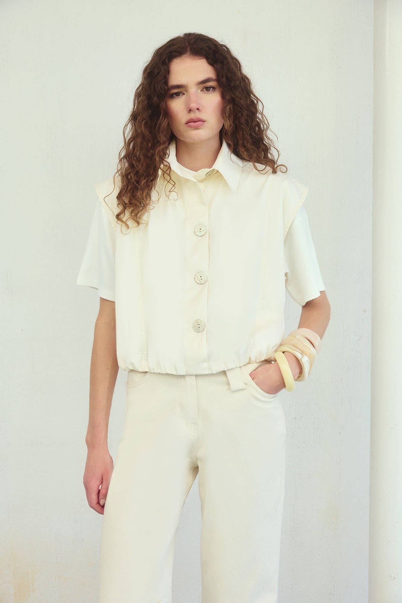 Denise - Elastic Waist Cropped Vest Top: Ecru