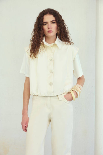 Denise - Elastic Waist Cropped Vest Top: Ecru