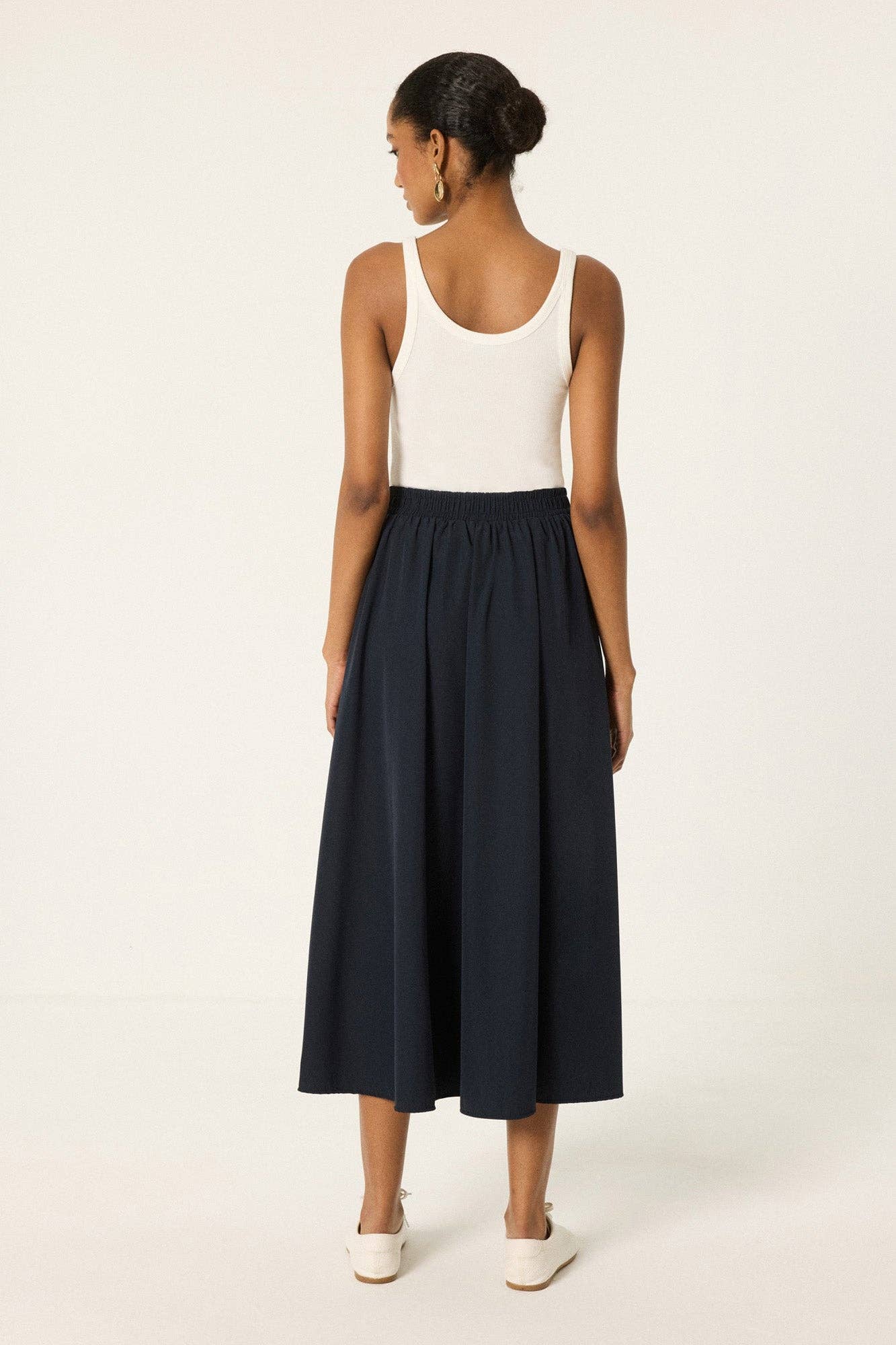 Front Zip Maxi Skirt – Elastic Waist A-Line Skirt: Navy Blue