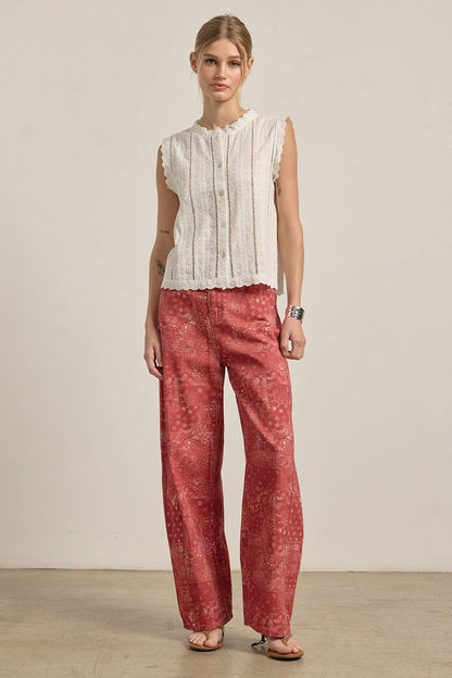 Washed Bandana Print Wide Leg Pants: BANDANA RED