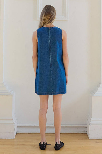 Floral Embroidered Denim Sleeveless Dress: DENIM