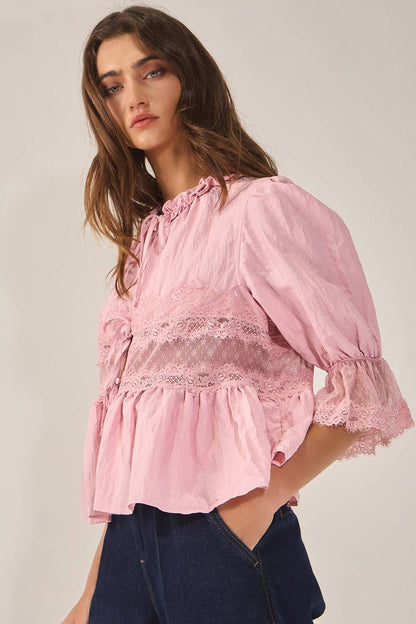 Split Front Sheer Lace Top in Mauve