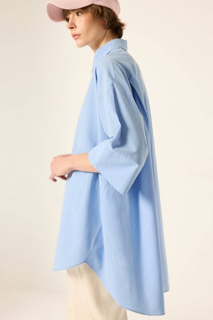 Toby: Oversized Poplin Shirt with Embroidered Detail: Blue / One Size