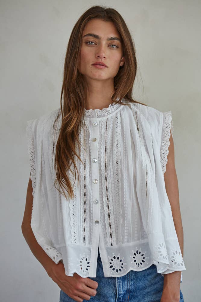 Woven Cotton Eyelet Buttondown Sleeveless Top: Off White