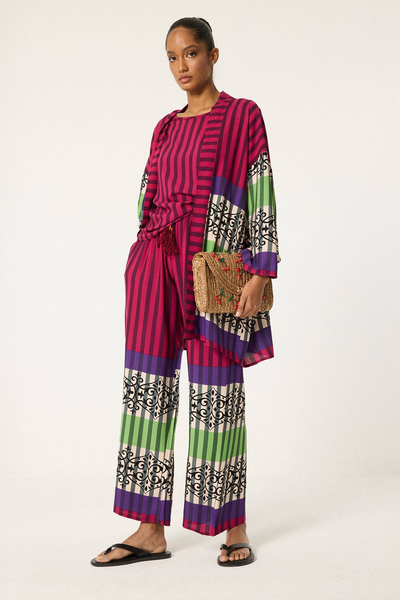 Striped 3-Piece Kimono Set – Fuchsia