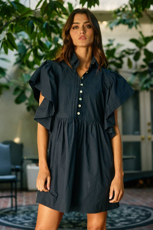 Ruffled Sleeve Pintuck Solid Mini Dress: Navy