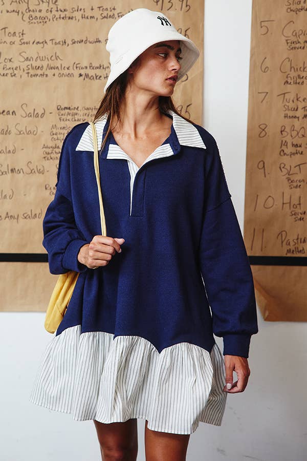 Collared Mini T-shirt Dress in Pinstripe Navy