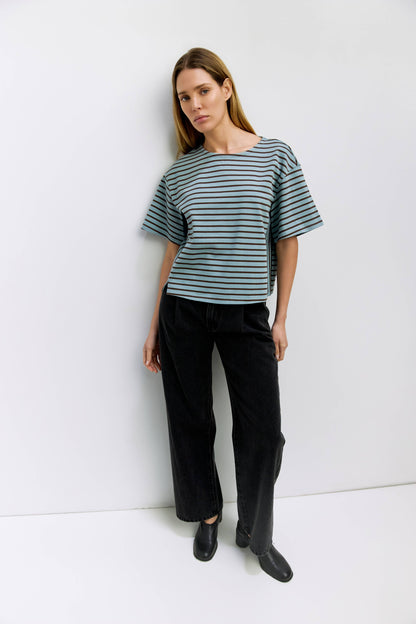 The Cassandra Top | Striped Elbow Tee: BLUE-BROWN