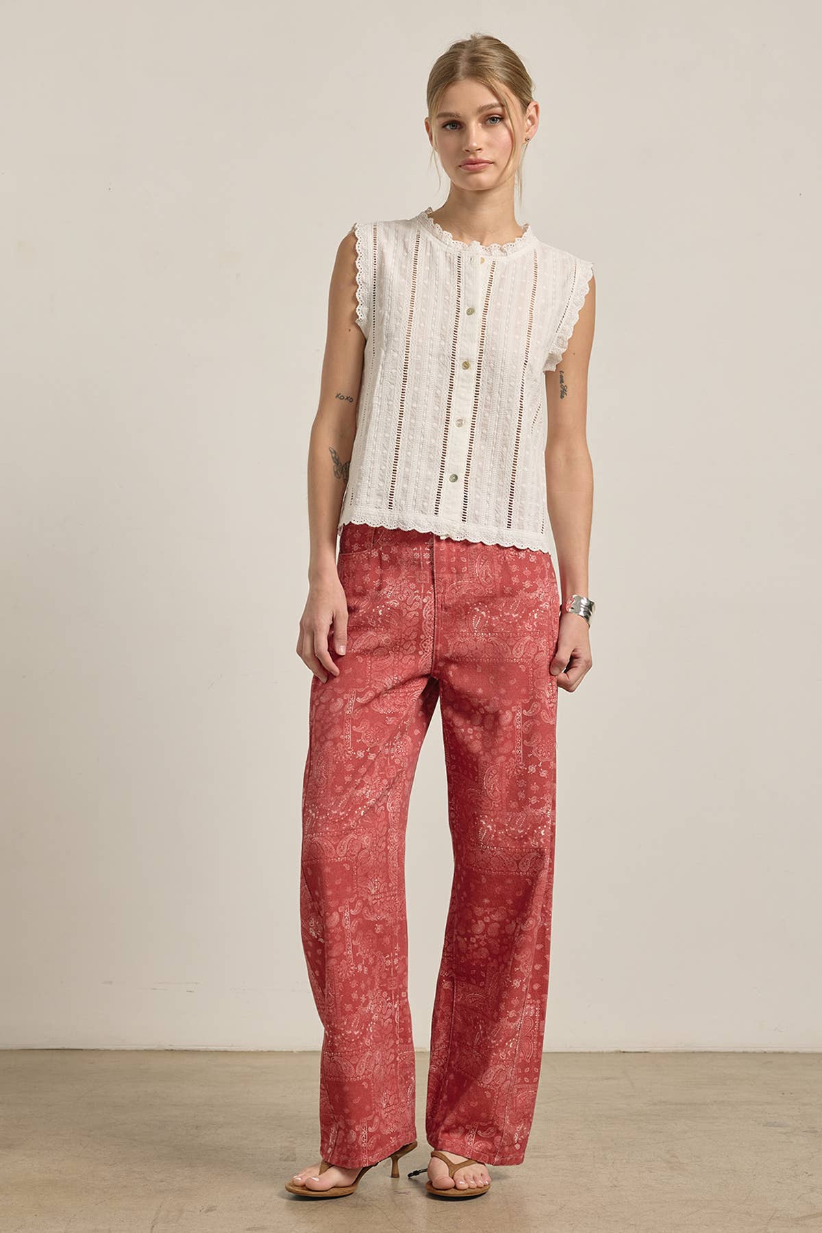 Washed Bandana Print Wide Leg Pants: BANDANA RED