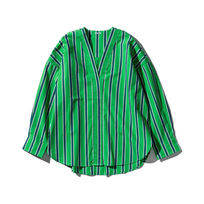 Cotton V-Neck Stripe Shirt: Green / Medium