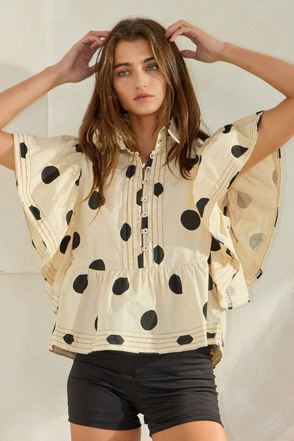 Ruffle Sleeves Pintuck Detail Polka Dot Print Top  TAUPE/NAVY