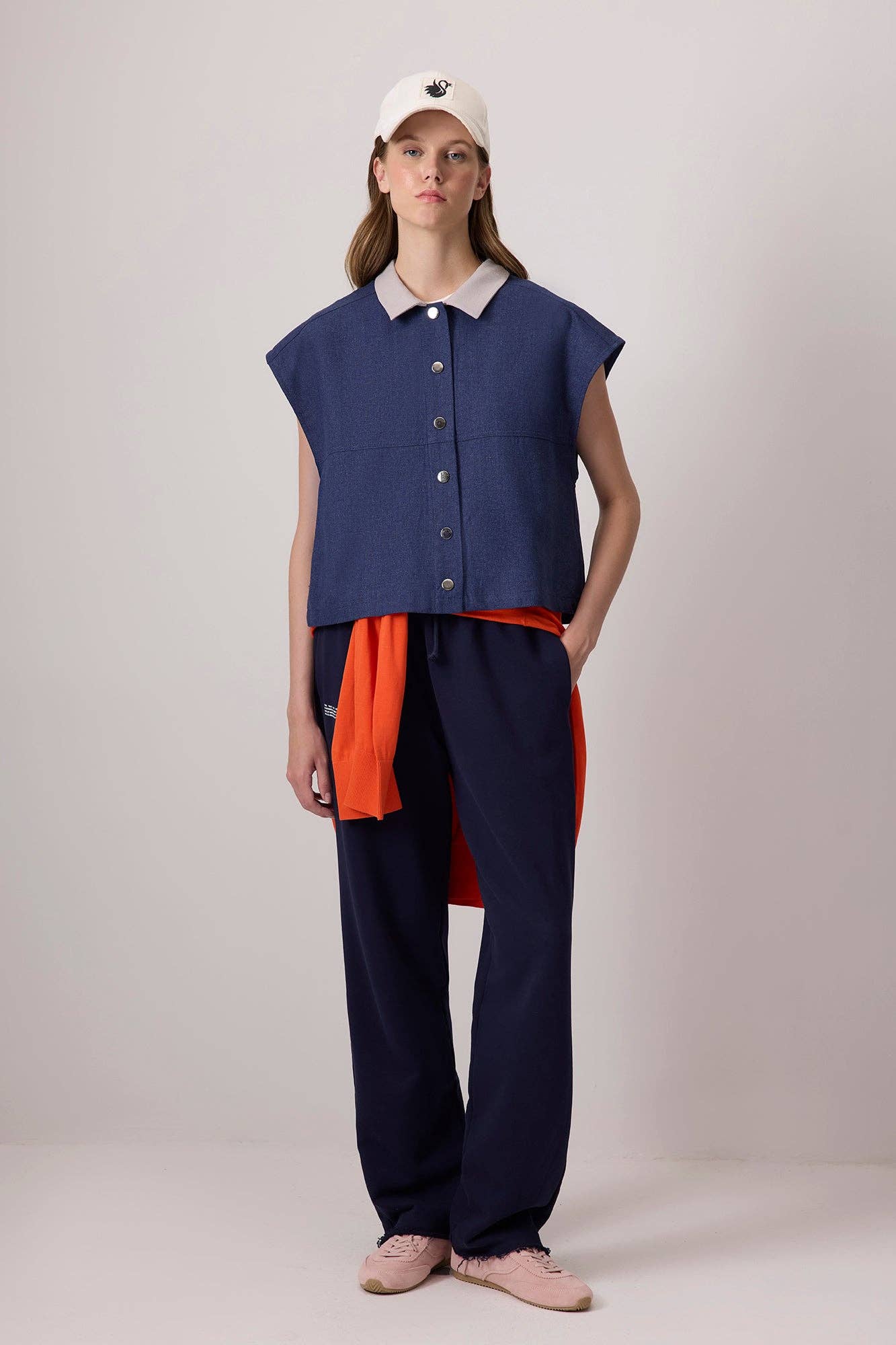 Oversized Linen Blend Vest – Relaxed Button-Front Sleeveless: Navy Blue