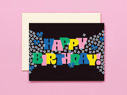 Birthday Garden • Typographic Retro Flowers Birthday Card: Min