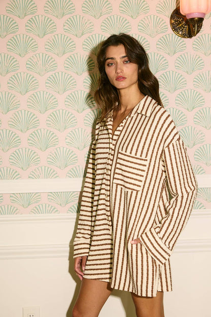 Collared Loose Fit Stripe Print Romper: Brown