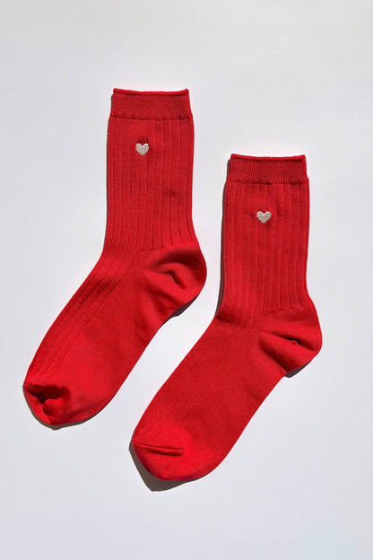 Embroidered Her Socks - Mercerized Combed Cotton Rib: Classic Red + Heart