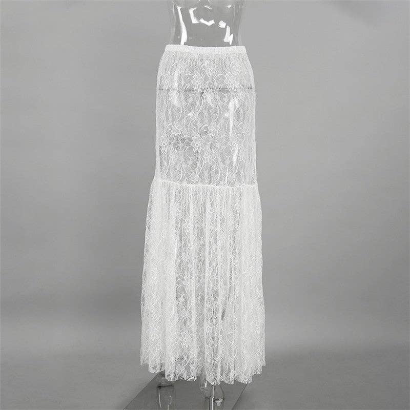 High-Waisted Lace Skirt - White Floral Lace