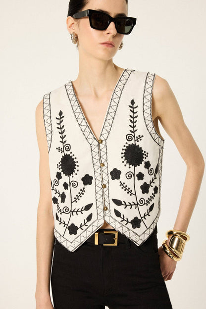 Floral Embroidered Cotton Cropped Button Front Vest: Ecru