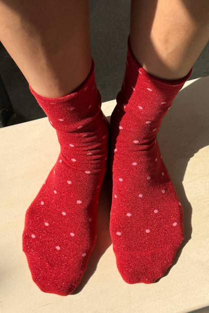 Le Bon Shoppe Lurex Patterned Sneaker Socks: Polka Dot - Red/Pink