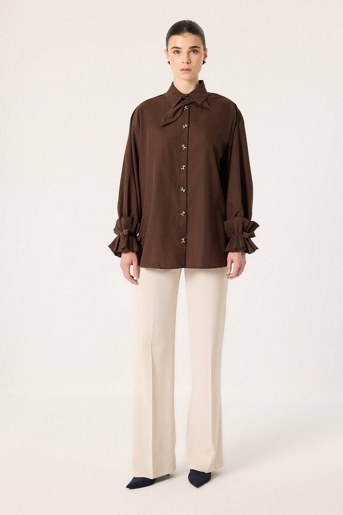 Pleated Cuff Tie-Waist Shirt