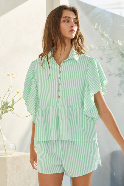 Ruffle Sleeves Pintuck Detail Striped Shirt Top - Green