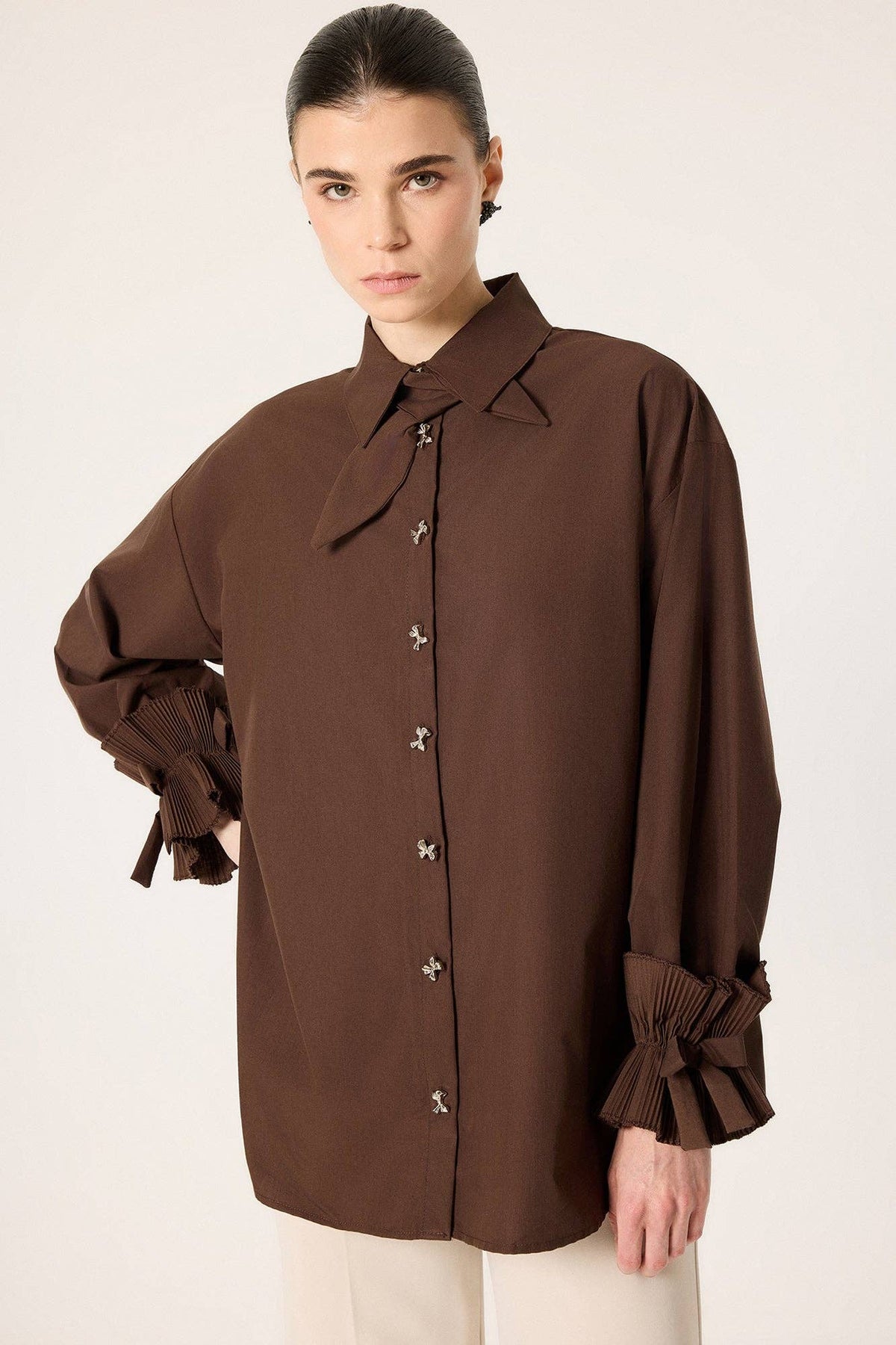 Pleated Cuff Tie-Waist Shirt
