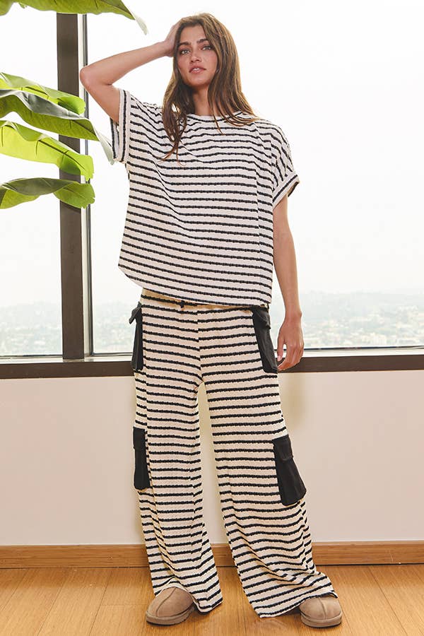 Striped Cargo Wide-Leg Pants in Black