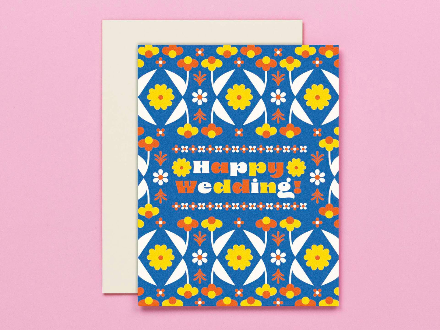 Happy Wedding • Folksy Retro Flower Pattern Wedding Card