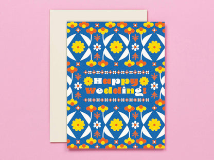 Happy Wedding • Folksy Retro Flower Pattern Wedding Card