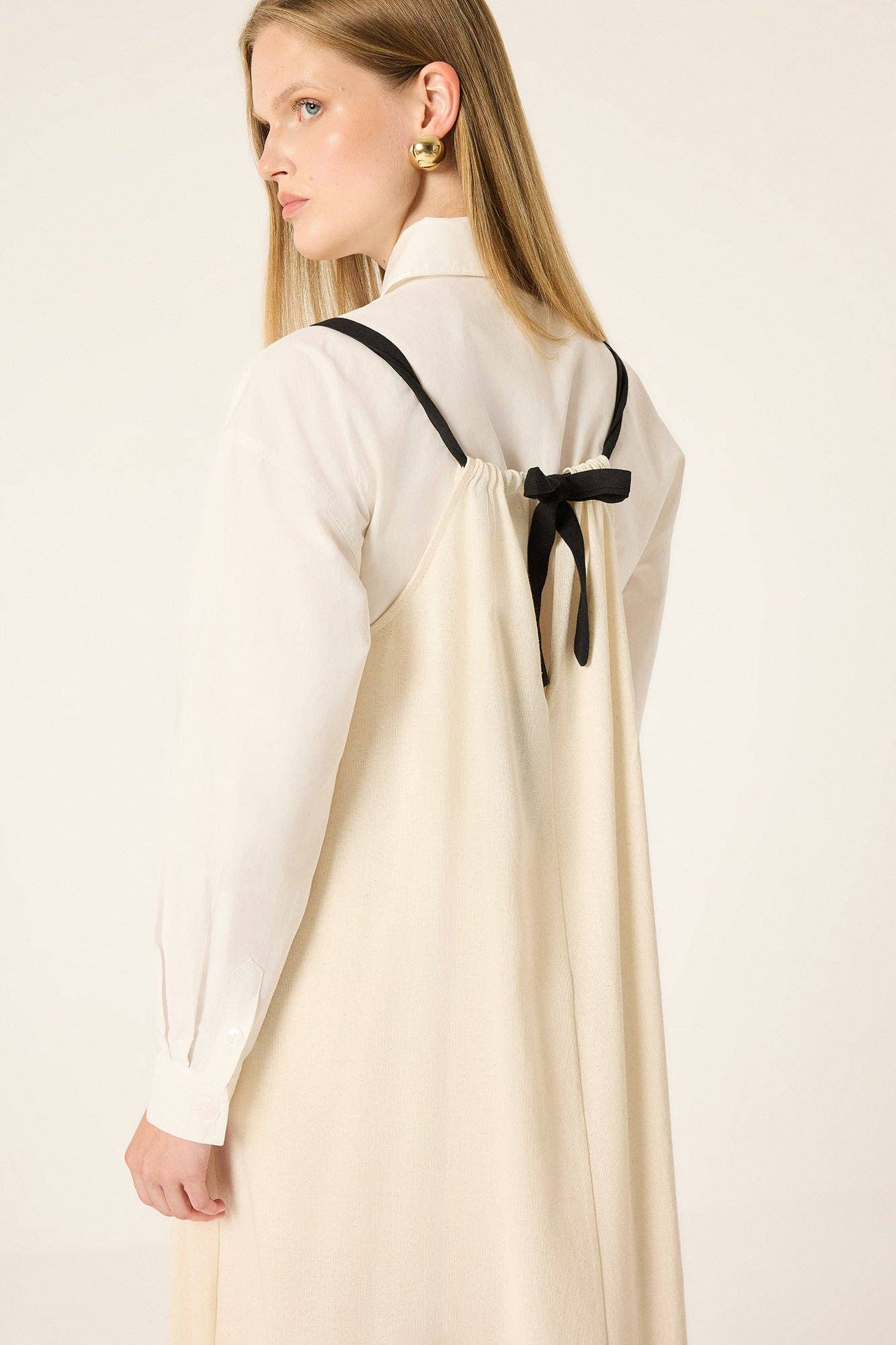 Elouise: Tie-Neck Relaxed Maxi Dress: Beige