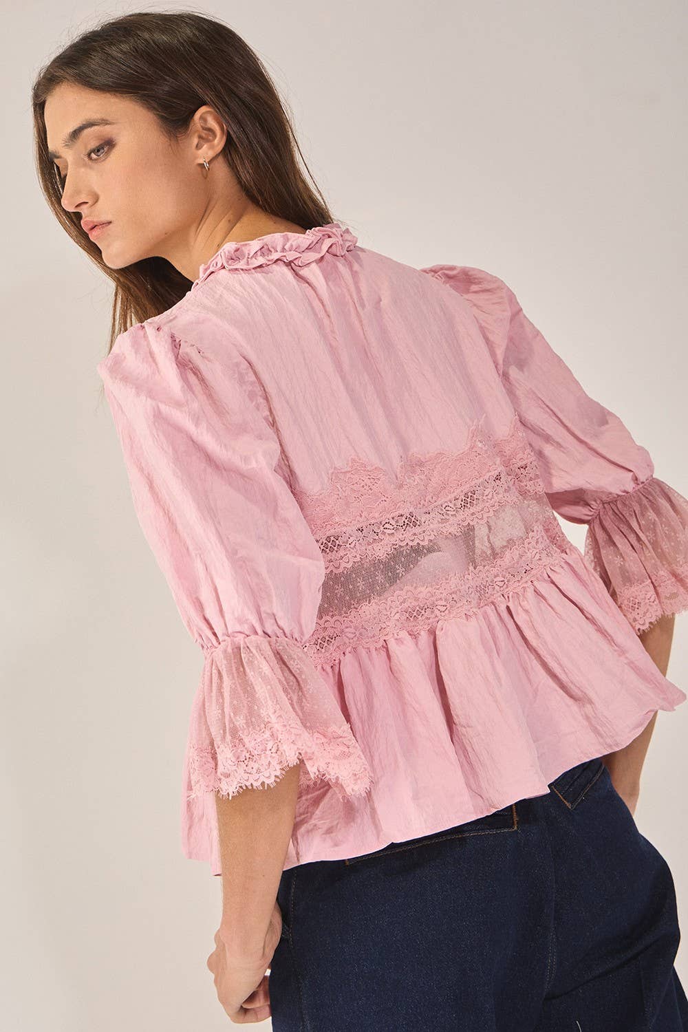 Split Front Sheer Lace Top in Mauve