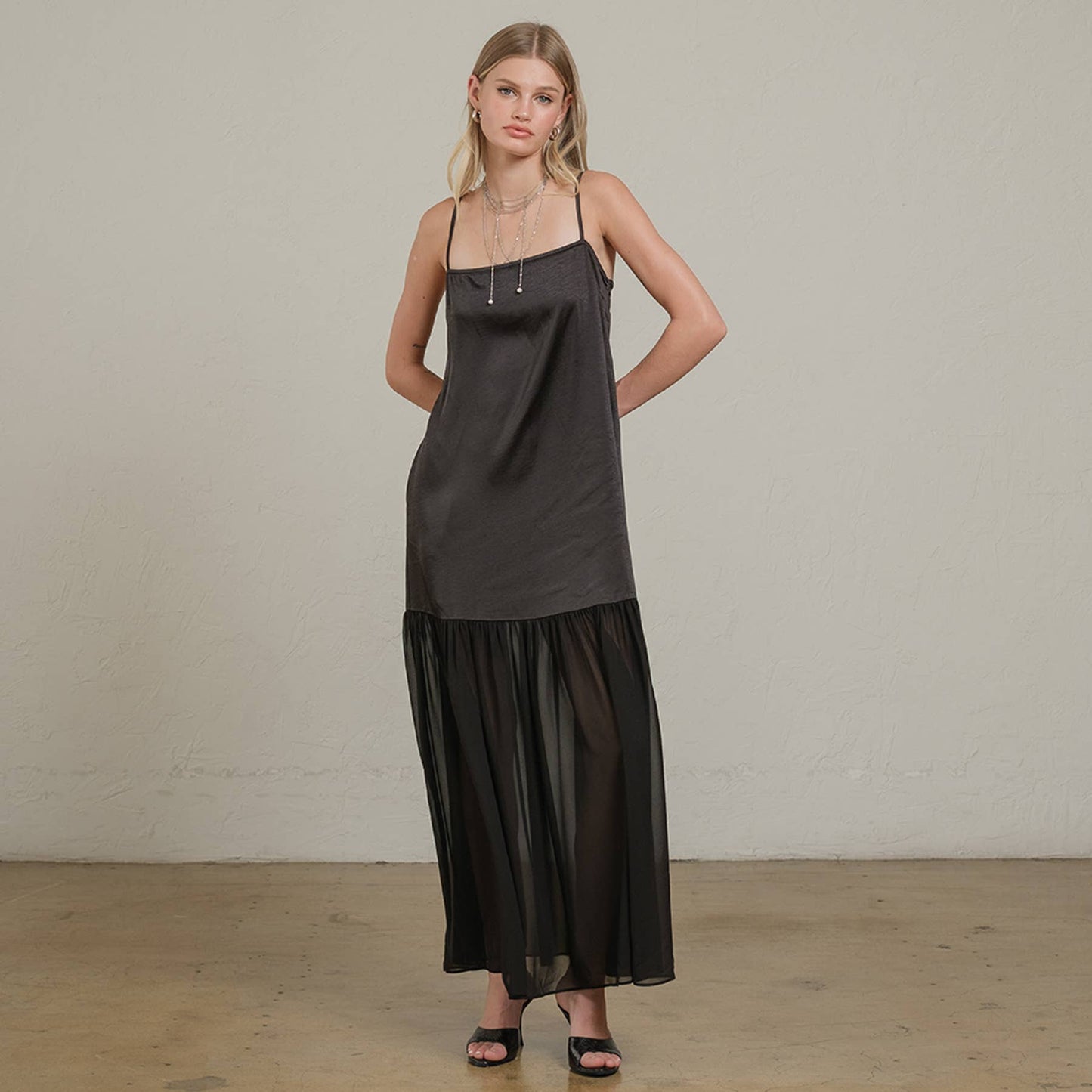 Satin Sheer Hem Maxi Slip Dress: Black