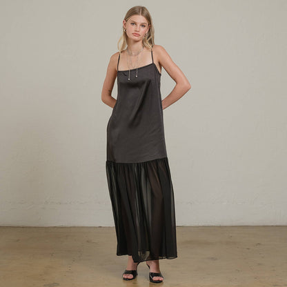 Satin Sheer Hem Maxi Slip Dress: Black
