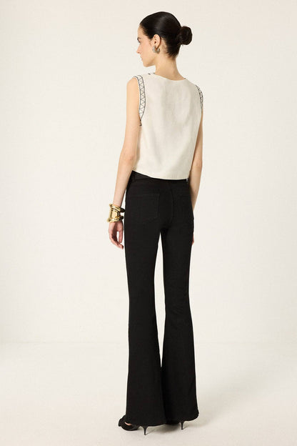 Floral Embroidered Cotton Cropped Button Front Vest: Ecru