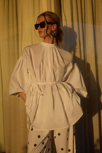 Hector: Belted Pleated Neck Balloon Sleeve Tunic: Ecru / One Size