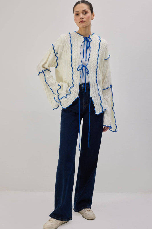 Contrast Trim Knit Cardigan with Tie Front – Statement Cable: Ecru