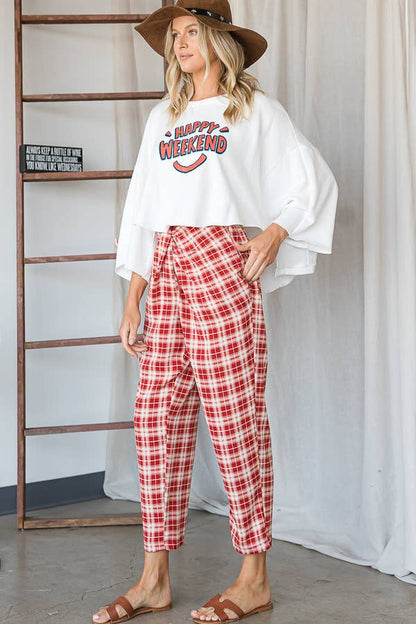 Plaid Print Twist Waist Pants