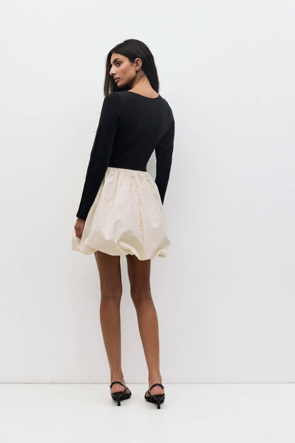The Yasmin Dress | Long Sleeve Mini Bubble Dress: BLACK-CREAM