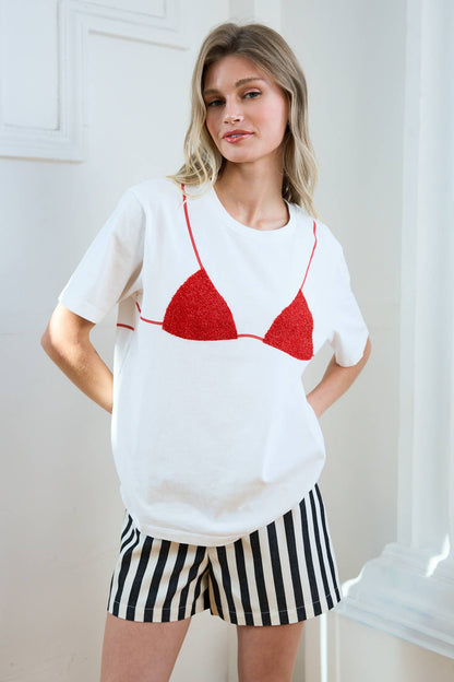 Caviar Print Bikini Graphic Tee: WHITE/RED