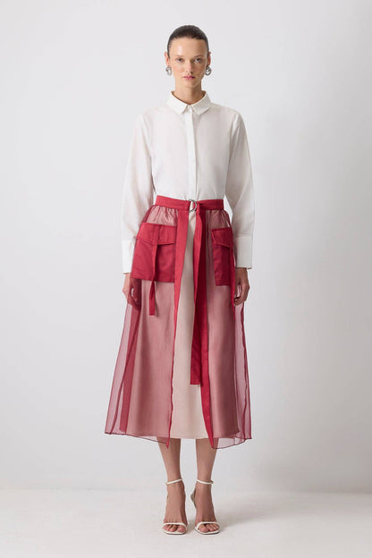 Sheer Organza Layered Statement Skirt with Utility Pockets: Burgundy