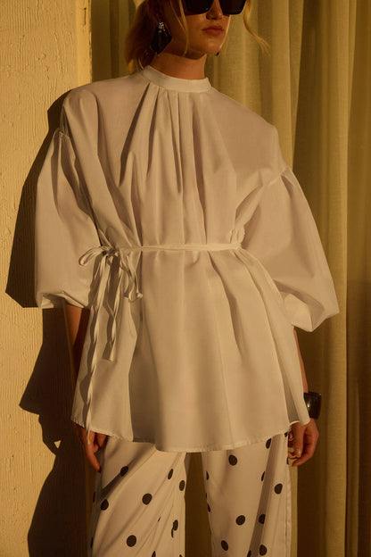 Hector: Belted Pleated Neck Balloon Sleeve Tunic: Ecru / One Size