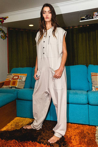 Sleeveless French Terry Jumpsuit in TAUPE