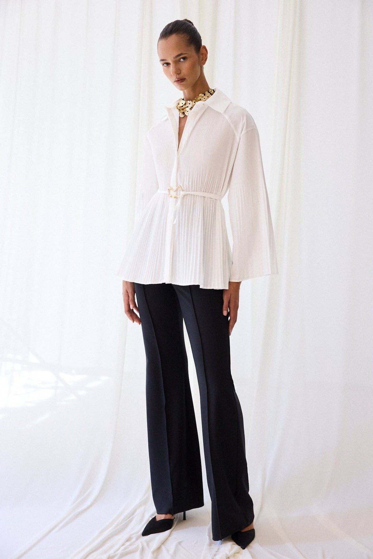 Pleated Belted Cotton Blend Longline Shirt: Ecru / Standart